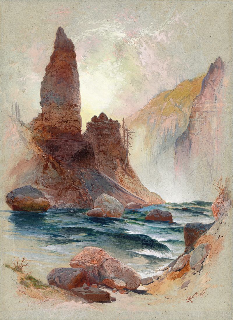 Tower at Tower Falls, Yellowstone by Thomas Moran, oil painting depicting a waterfall and mountains