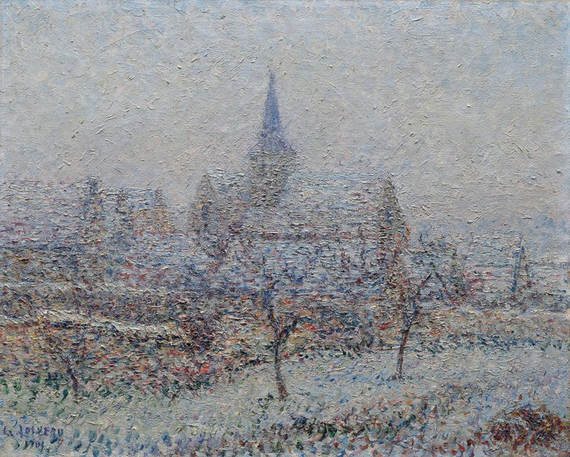 L’église de Bennecourt, Effet de neige by Gustave Loiseau, oil on canvas depicting a snowy landscape with a church.