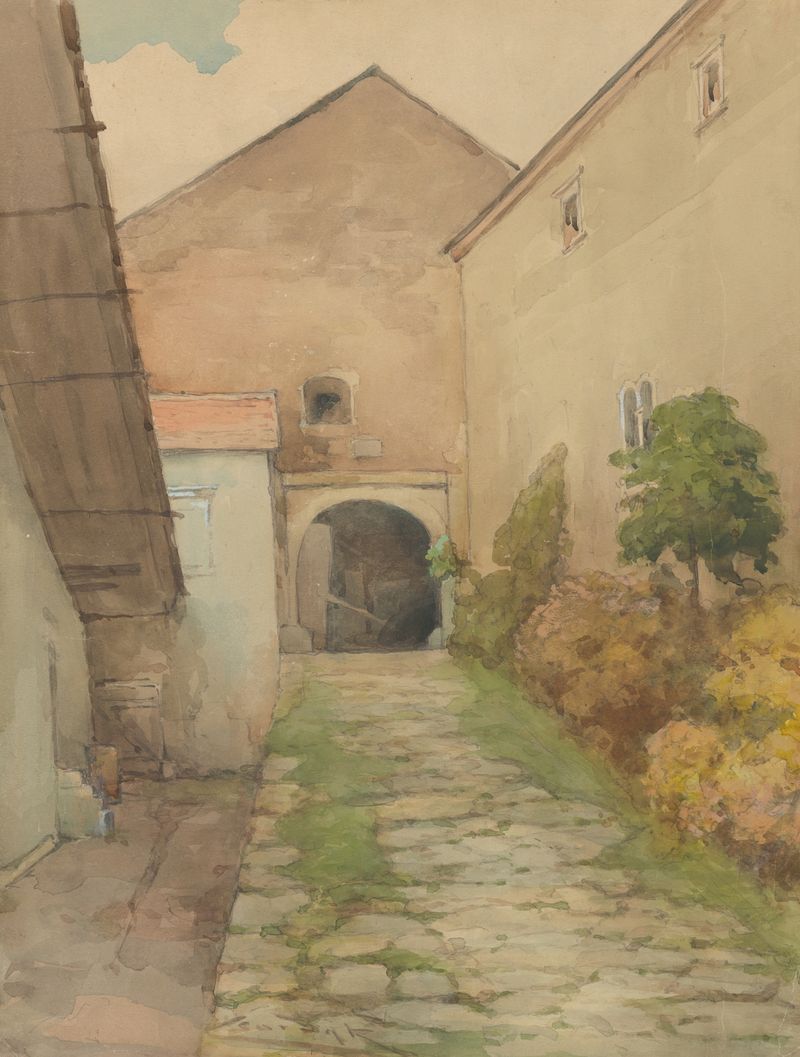 Starý dvor by Ľudovít Čordák, oil on canvas depicting a nostalgic village landscape.
