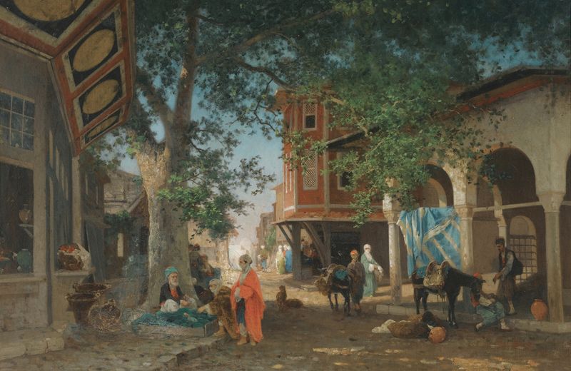 Oil on canvas by Germain Fabius Brest depicting a tranquil alleyway with soft hues.