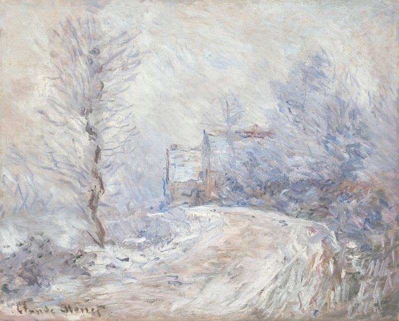 L’entrée de Giverny sous la neige de Claude Monet, pintura al óleo que muestra un paisaje nevado.