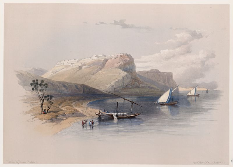 Fortaleza de Ibrim, Nubia de David Roberts, óleo sobre lienzo que representa una fortaleza en un paisaje desértico.