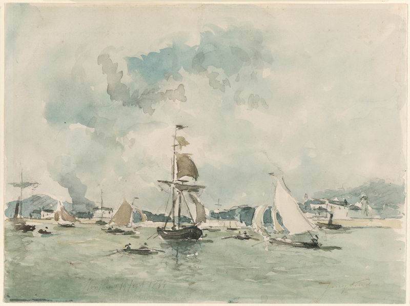 Cena marinha com barcos ao amanhecer, óleo sobre tela de Johan Barthold Jongkind