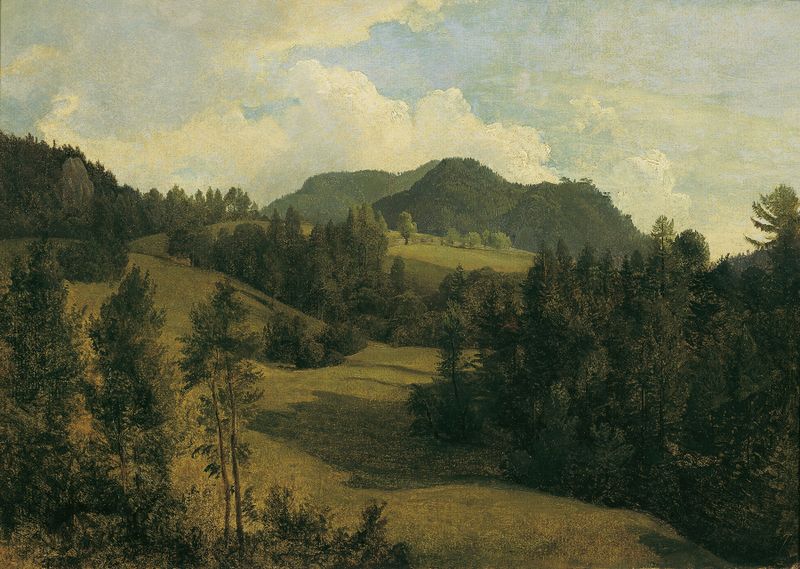 Landschaft bei Miesenbach, oil on canvas by Friedrich August Matthias Gauermann, depicting rolling hills and a vibrant sky.
