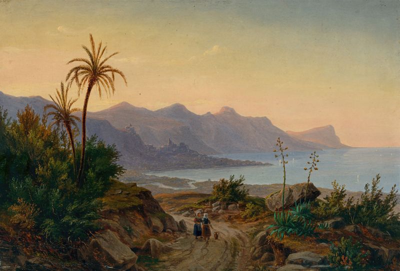 Südliche Küstenlandschaft mit Palmen, óleo sobre lienzo de Eugène von Guérard, que representa un paisaje costero con palme...