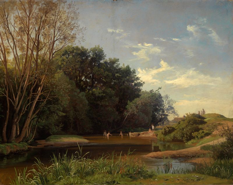 Pintura de paisaje al óleo de Johann Wilhelm Schirmer que representa un arroyo y hierba bajo un cielo reflejado.