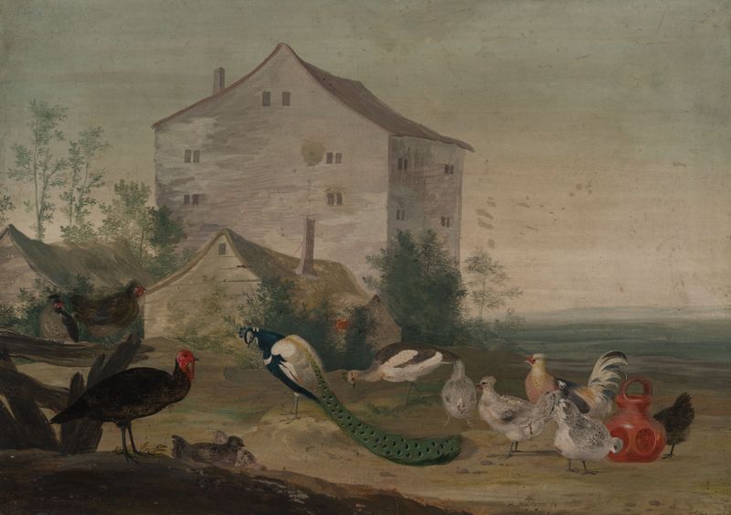 Cena de quintal com pavões, galinhas e perus, óleo sobre papel de Pieter Holsteyn II.