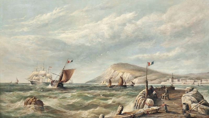 Escena marina con barcos y luz solar, óleo sobre lienzo de Henry King Taylor