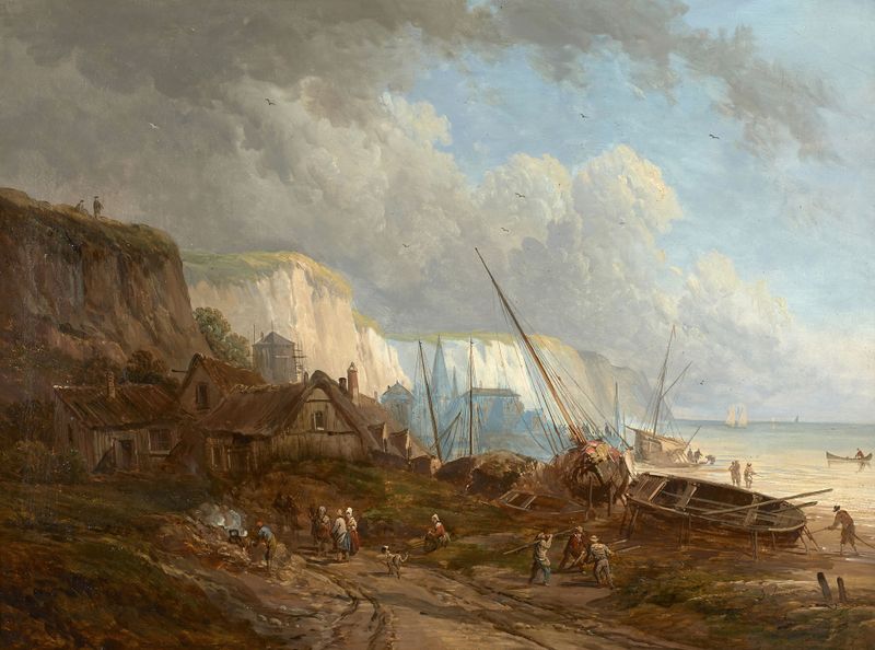 Marine à l’embouchure d’une rivière et Falaises du pays de Caux de Alexandre Defaux, pintura a óleo