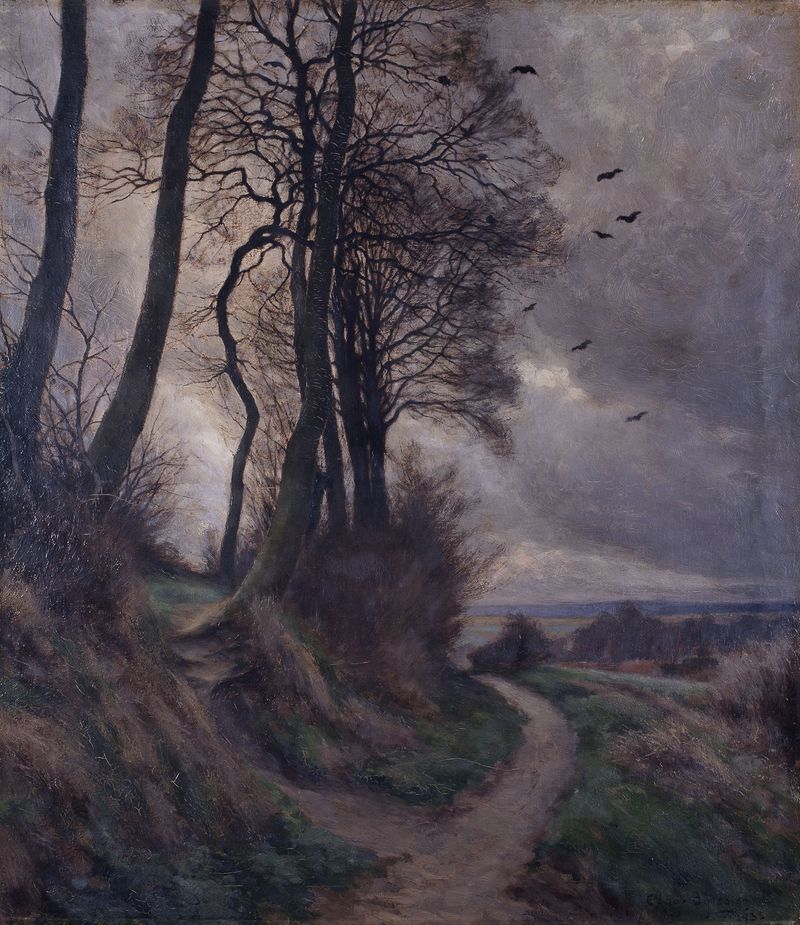 Evening Landscape with Crows, oil on canvas by Edgar Bytebier, featuring crows silhouetted against a golden sky.
