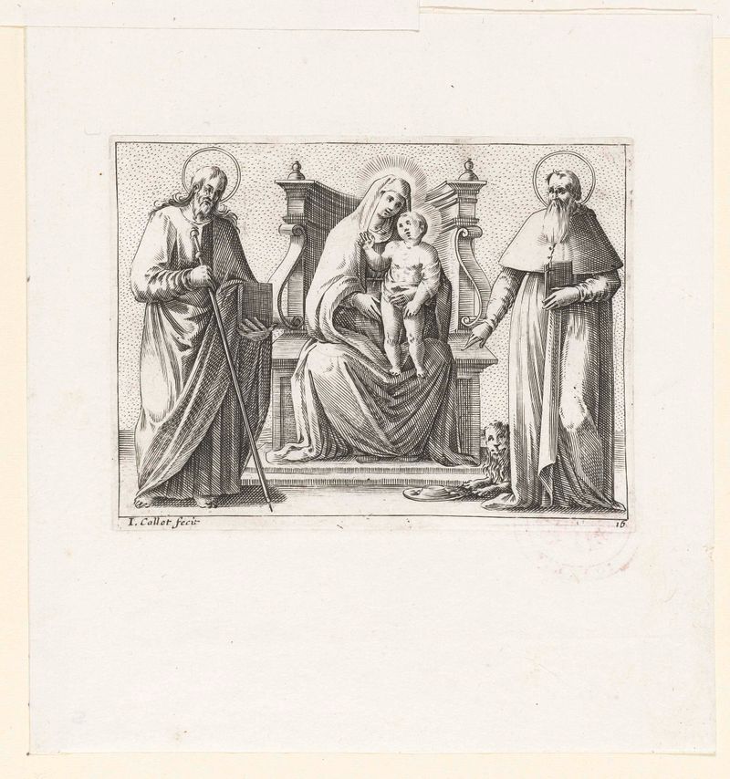 Grabado de Jacques Callot que representa a la Virgen María con el niño Cristo y santos