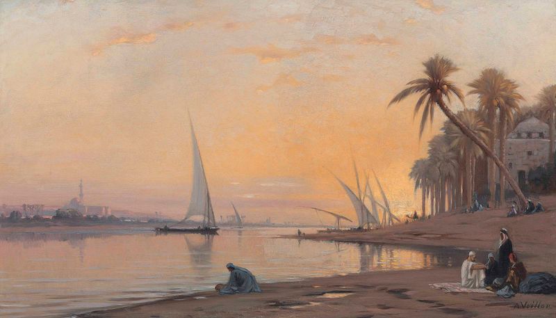 Arabs on banks of the Nile, oil on canvas by Auguste Louis Veillon, featuring lush greenery and serene waters.