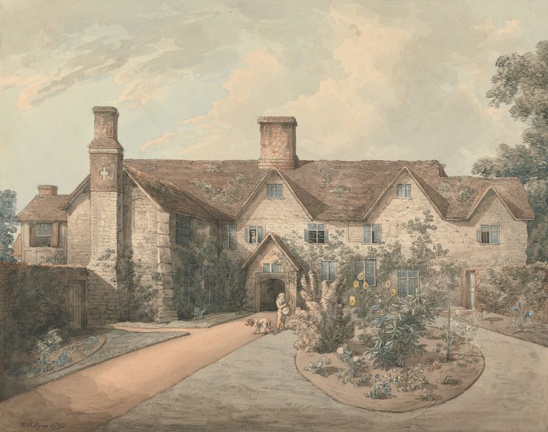 A boy playing a drum in a garden, oil on canvas by William Henry Pyne