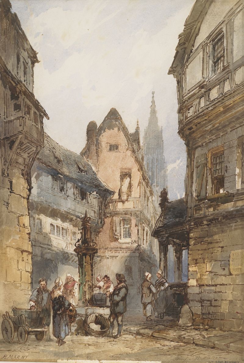 Street scene by Paul Marny, depicting a solitary figure against gray buildings, realism
