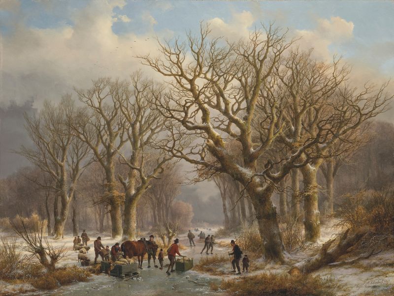A winter landscape with snow-covered trees, oil painting by Johann Bernhard Klombeck