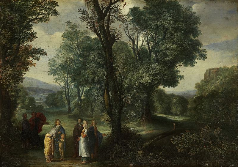 The Birth of Adonis, oil painting by David Teniers The Elder, depicting figures around a cradle in a glade.