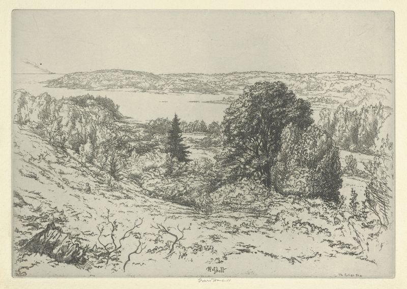 The Sylvan Sea, aquarela sobre papel de Ernest Haskell, representando uma floresta e um rio vibrantes.