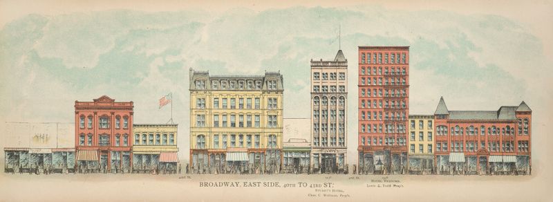 Cityscape of Broadway, East Side by Mail & Express, 1899, depicting a sunlit avenue and buildings.