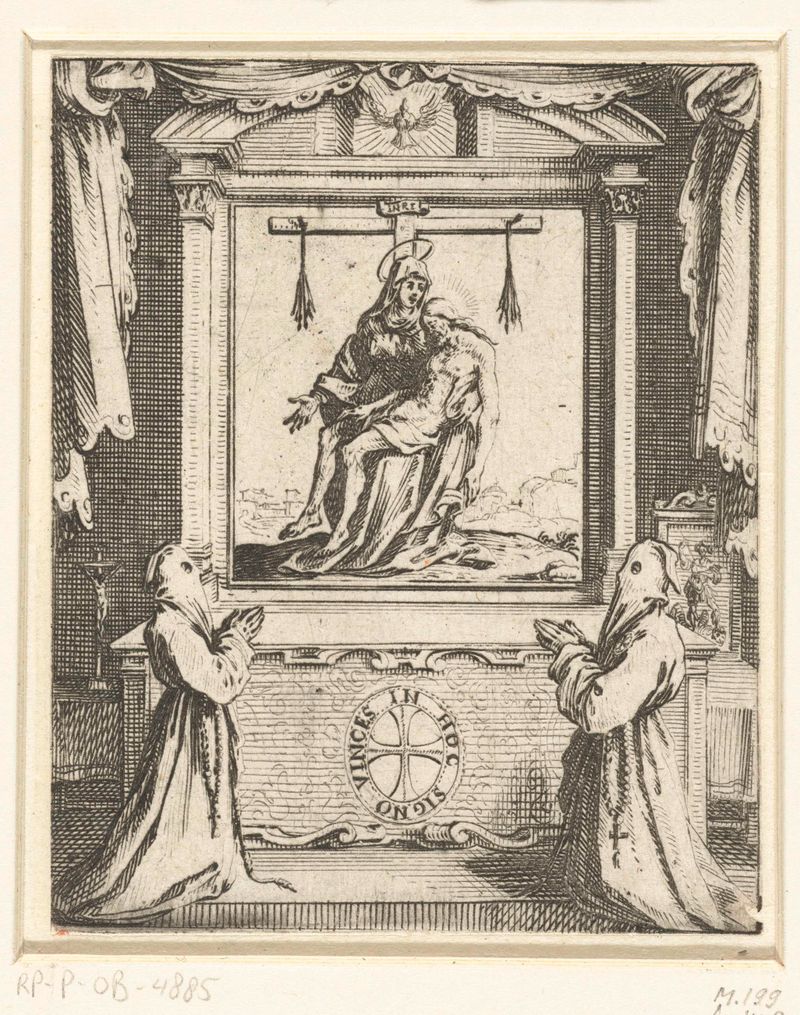 Gravura de Jacques Callot com figuras e um emblema de 1634-1635
