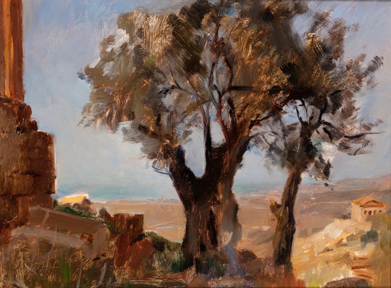 Girgenti (Trees) de Jan Ciągliński, pintura al óleo que muestra árboles altos y cielos apagados