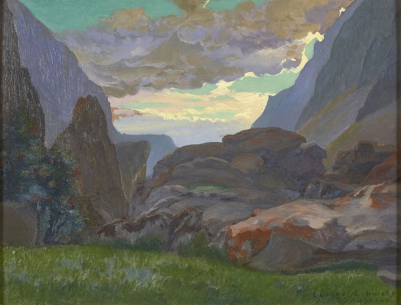 Paysage du Dauphiné de Carlos Schwabe, paisaje con montañas y flores, medio desconocido