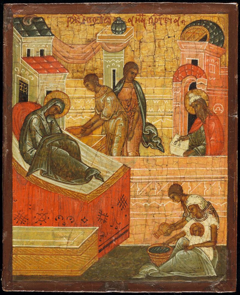 Tempera sobre painel representando o Nascimento de João Batista por um artista não identificado
