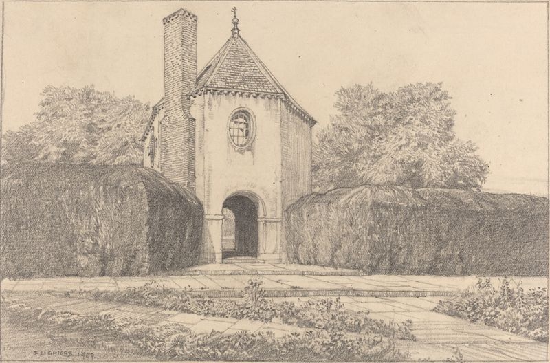 Garden House de Frederick Landseer Maur Griggs, pintura al óleo que muestra a una mujer y un niño en un jardín.