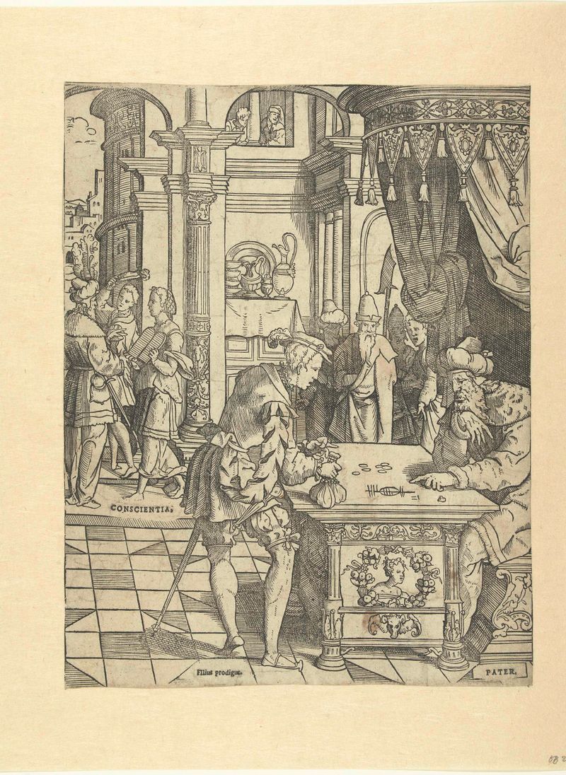 Religious scene of the prodigal son receiving his inheritance, paper by Cornelis Anthonisz