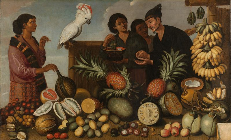 A market stall in Batavia with a Chinese merchant selling fruit, oil painting by Andries Beeckman
