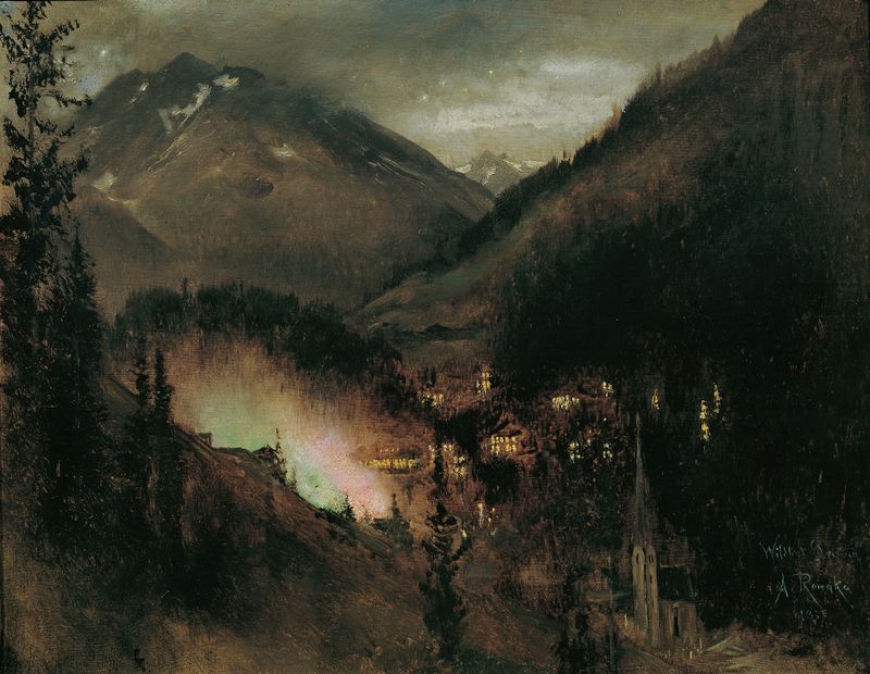 Twilight landscape with golden light, oil painting by Anton Romako