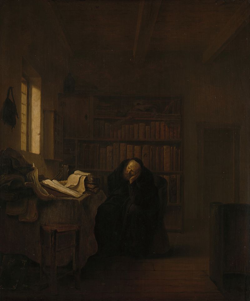 Un erudito en su estudio, óleo sobre panel de Willem de Poorter, iluminado por luz suave.