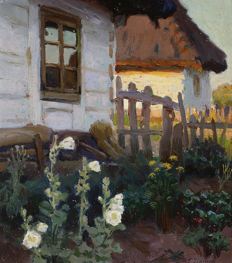 Landscape with a cottage and hollyhocks, oil on canvas by Teodor Ziomek
