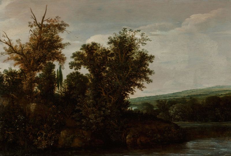 Wooded river landscape with a horseman, oil on canvas by Hendrik Cornelisz. Vroom