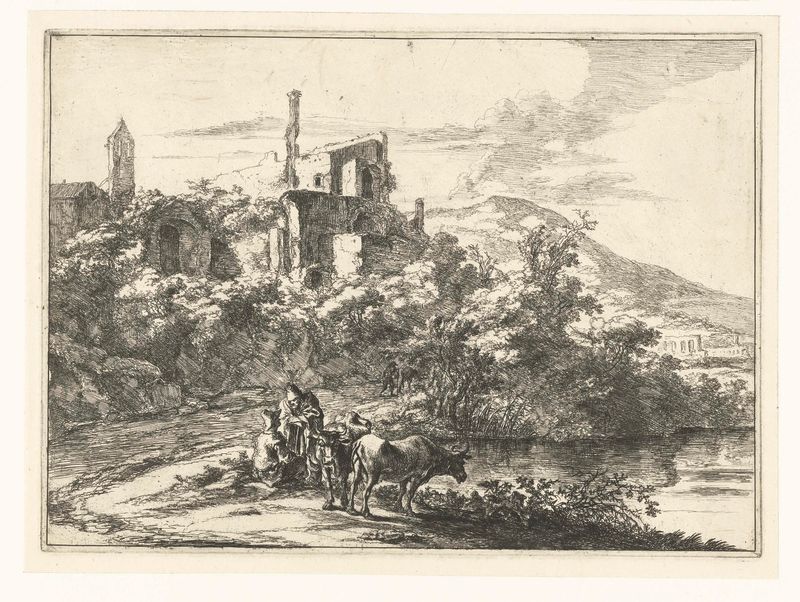 Twee koeien bij het water bij Tivoli de Jan Both, grabado que muestra vacas junto a un tranquilo paisaje acuático