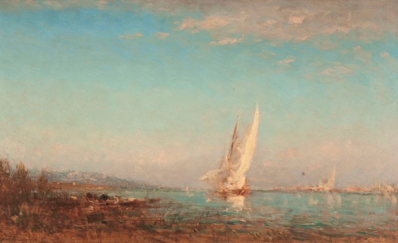 Cena marinha com uma vela branca em um porto, pintura a óleo de Félix Ziem