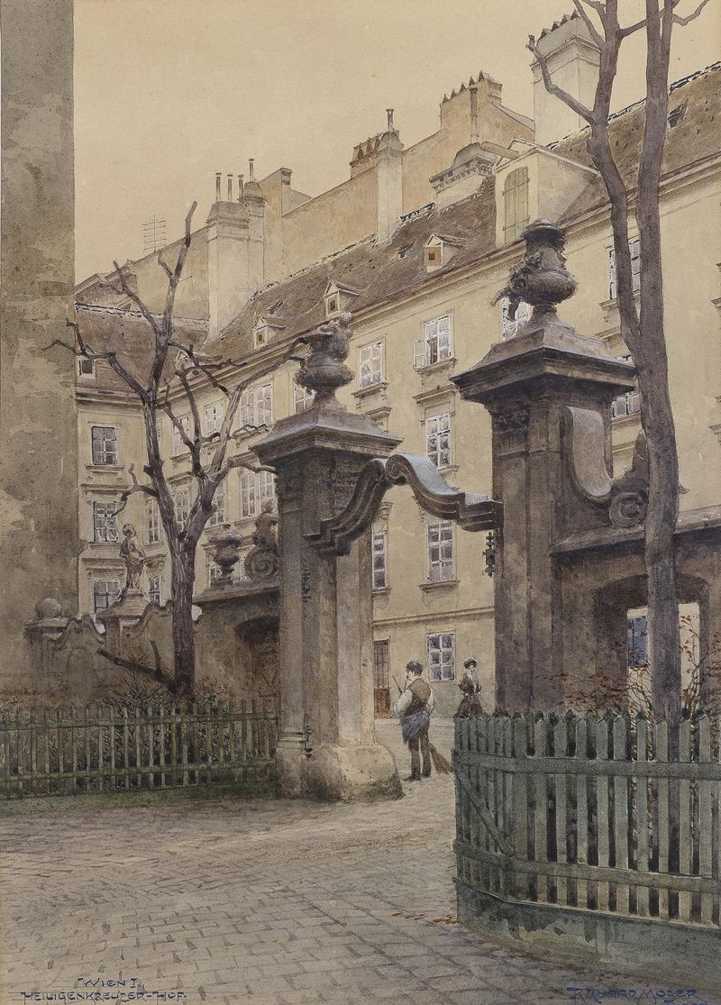Heiligenkreuzerhof in Wien by Richard Moser, oil on canvas, depicting morning light through archways.