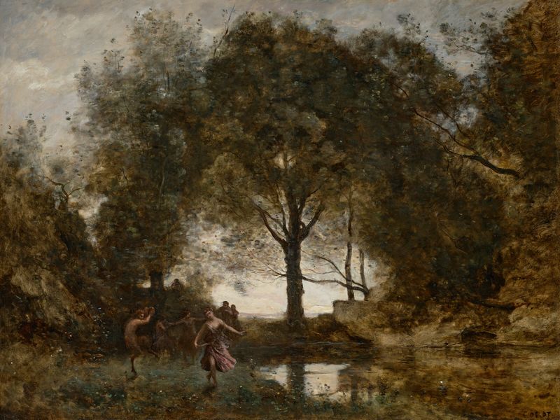Nymphes et faunes de Jean-Baptiste-Camille Corot, pintura a óleo que retrata uma ninfa e um fauno em uma floresta.
