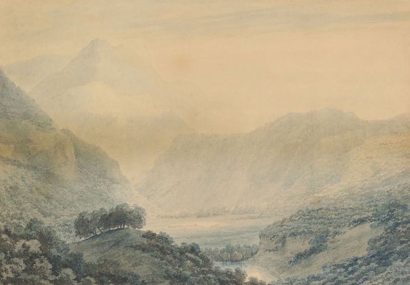 watercolour by John Robert Cozens depicting a tranquil landscape with mountains and a river