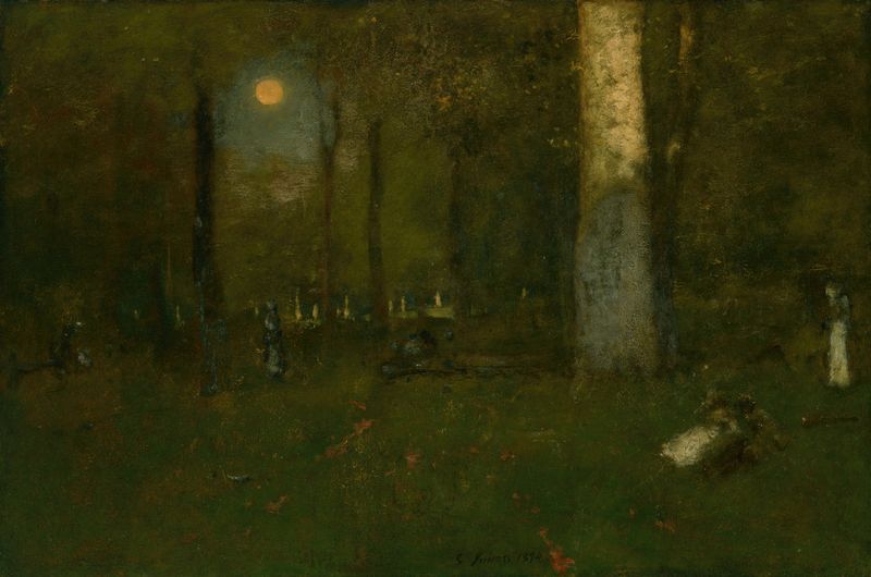 Picnic in the Woods de George Inness, pintura a óleo que retrata figuras desfrutando de um piquenique em uma floresta enso...