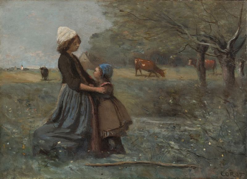 Les Deux Sœurs Dans La Prairie de Jean-Baptiste-Camille Corot, óleo de dos hermanas en un entorno natural.