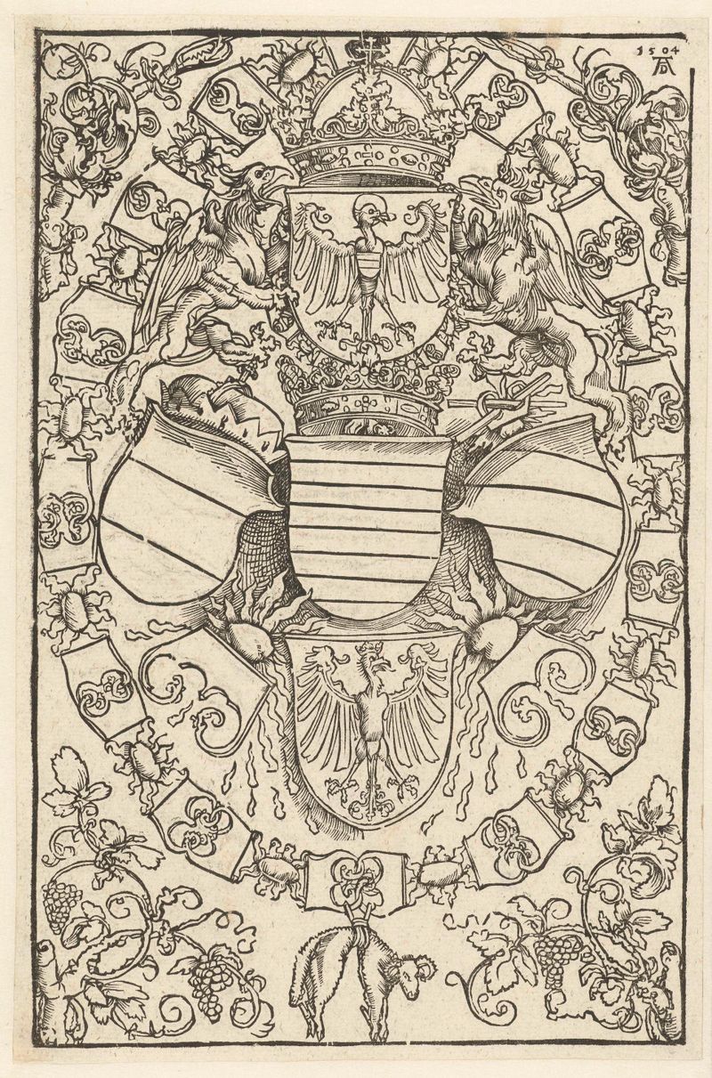 Escudo heráldico com flora, obra em papel de Albrecht Dürer