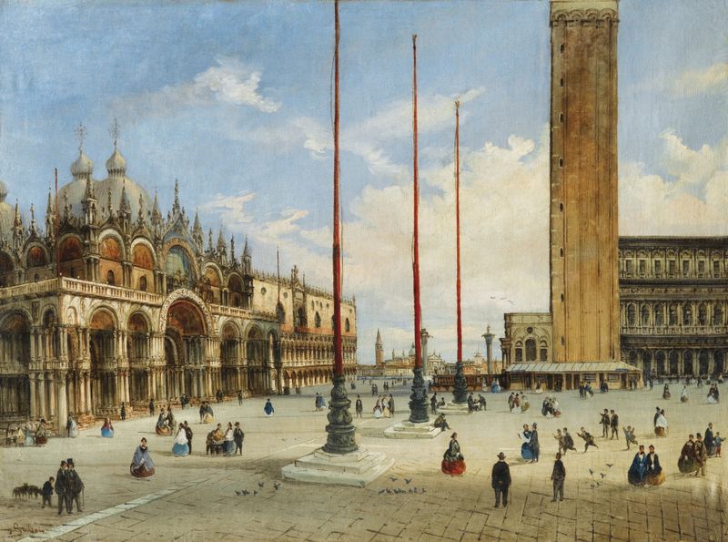 Vue de Venise de Giovanni Grubacs, óleo sobre lienzo que representa olas y arquitectura veneciana.