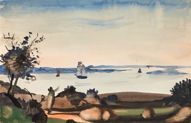 Marine scene by André Derain, oil painting with vibrant blues and golden sunlight.