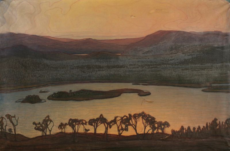 Blick über den Aerransee by Otto Hesselbom, oil on canvas depicting a serene lake and horizon.