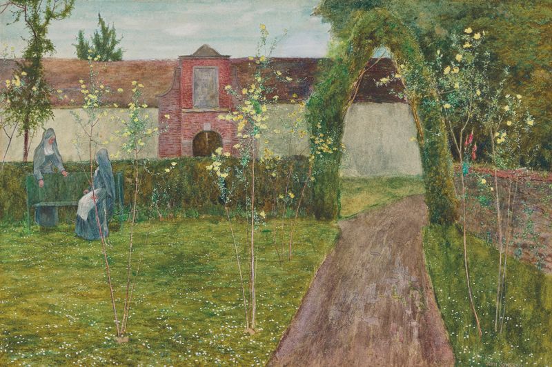 El Jardín del Convento de John George Sowerby, óleo sobre lienzo que representa flores silvestres y una figura solitaria.