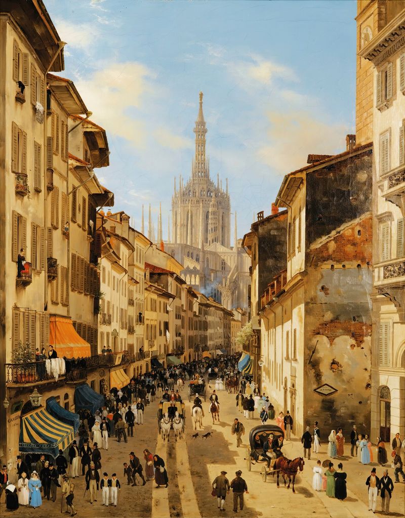Architecture scene with cobblestones by Giuseppe Canella, oil painting, 1834