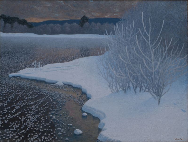 Hoar-Frost on Ice by Gustaf Fjæstad, depicting frost on ice in an impressionist style.