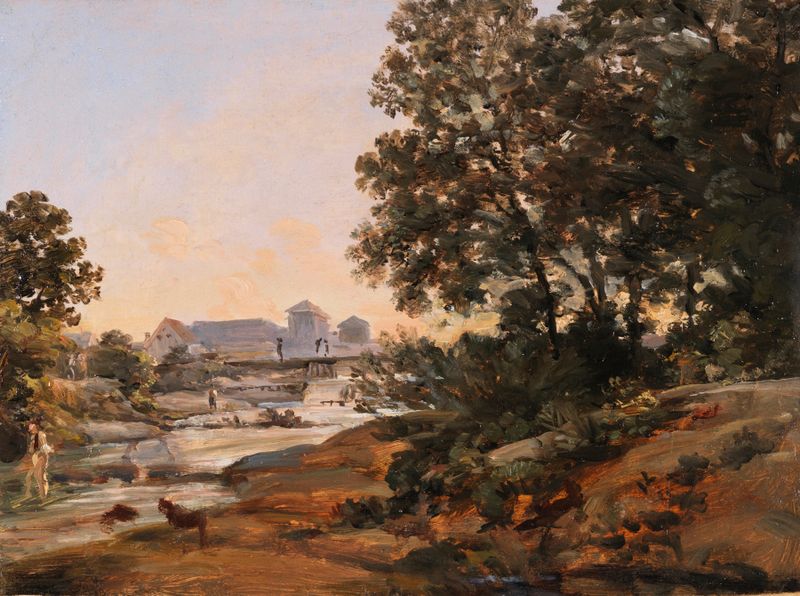 Pintura a óleo de Johann Georg von Dillis representando Praterinsel e o rio Isar