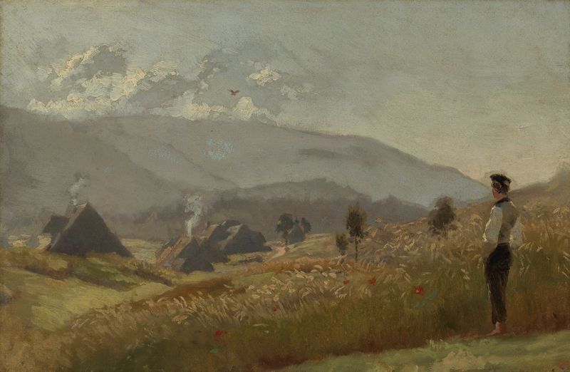 Pintura al óleo de Hans Thoma que muestra a un joven agricultor de pie en un campo de maíz