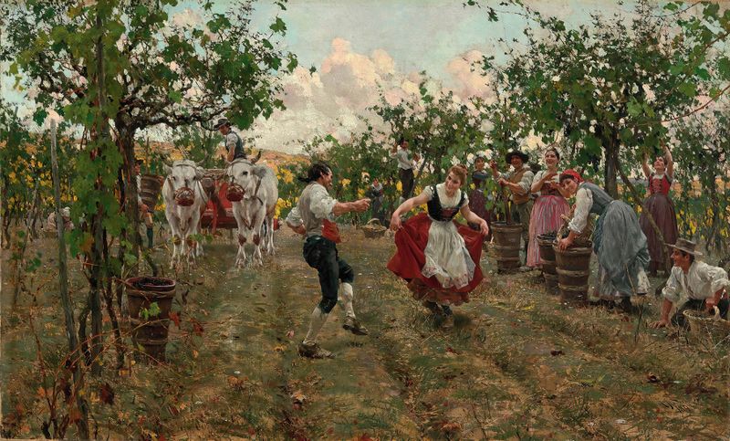 The Harvest Dance de Raffaello Sorbi, pintura al óleo que muestra bailarines en trajes coloridos.
